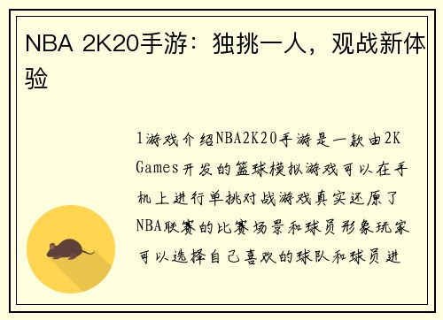 NBA 2K20手游：独挑一人，观战新体验