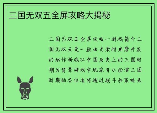 三国无双五全屏攻略大揭秘